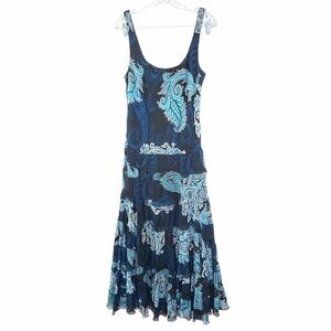 Jones New York 90s Blue Maxi Dress Paisley Floral Tiered Boho Tank Dress Sz 16